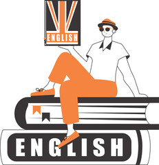 Male English teacher. The concept of learning English. Linear style. Isolated, vector illustration.