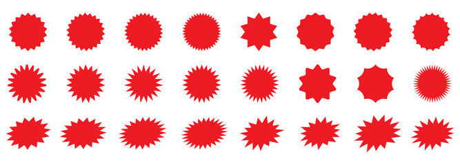 Set of vector red starburst, sunburst badges. Shopping labels collection. Special offer price tag. Sale or discount sticker. Supermarket promotional badge. Simple flat style vintage labels, stickers.