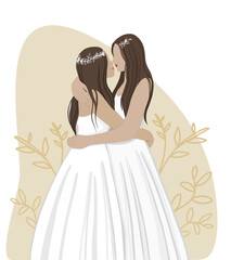 LGBT Woman couple - two young girls in wedding dress on a abstract background. Vector flat illustration of lesbian couple. LGBT concept, wedding card, web illustration.