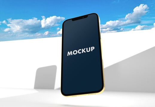 iphone on a White Empty Pool with a Photorealistic Sky