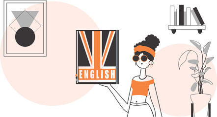 Girl English teacher. The concept of learning English. Linear trendy style.