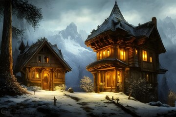 Obraz premium Intricate house, castle, on beautiful landscape 3d illustration 3d render