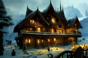 Obraz premium Intricate house, castle, on beautiful landscape 3d illustration 3d render
