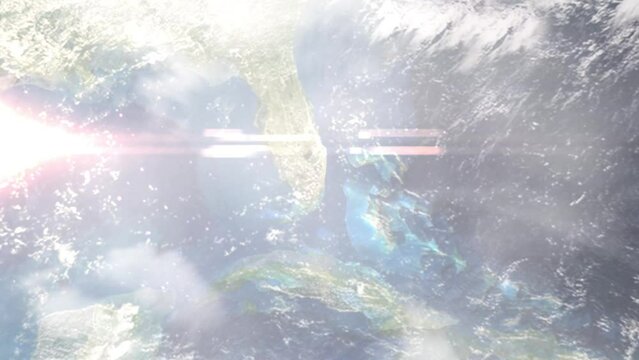 Earth zoom in from outer space to city. Zooming on Pembroke Pines, Florida, USA. The animation continues by zoom out through clouds and atmosphere into space. Images from NASA