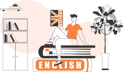 Guy English teacher. The concept of learning a foreign language. Line art style.