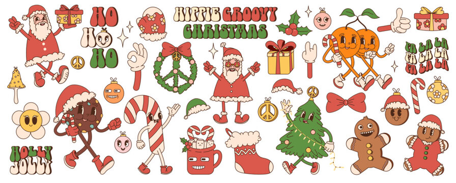 Big sticker pack of retro cartoon characters and elements. Merry Christmas and Happy New year in trendy groovy hippie style.