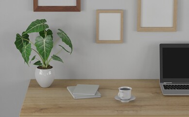 Obraz na płótnie Canvas 3d render interior room. minimal style design. working desk. home interior design. template for website, wallpaper, and mockup.
