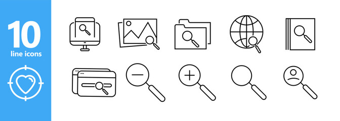 Magnifier icons set. Document Search, Image Enlargement, Document Search, Web Search, Increase Font, Find File, Reduce, Enlarge. Magnifier concept. Vector line icon for business