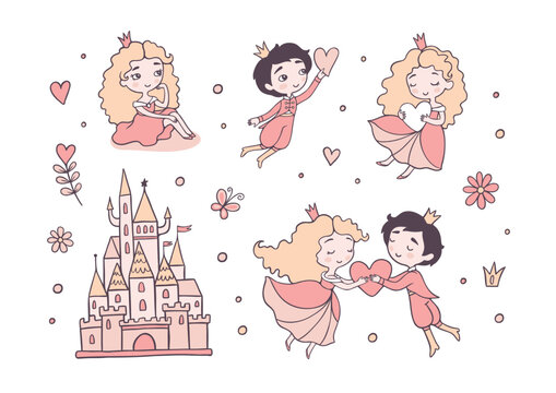 Romantic fairy tale flat color vector characters set