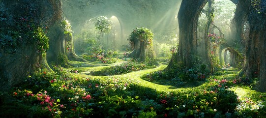 Unreal fantasy landscape with trees and flowers. Garden of Eden, exotic fairytale fantasy forest, Green oasis.  Sunlight, shadows, creepers and an arch. 3D illustration.