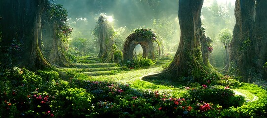 Unreal fantasy landscape with trees and flowers. Garden of Eden, exotic fairytale fantasy forest, Green oasis.  Sunlight, shadows, creepers and an arch. 3D illustration. - obrazy, fototapety, plakaty