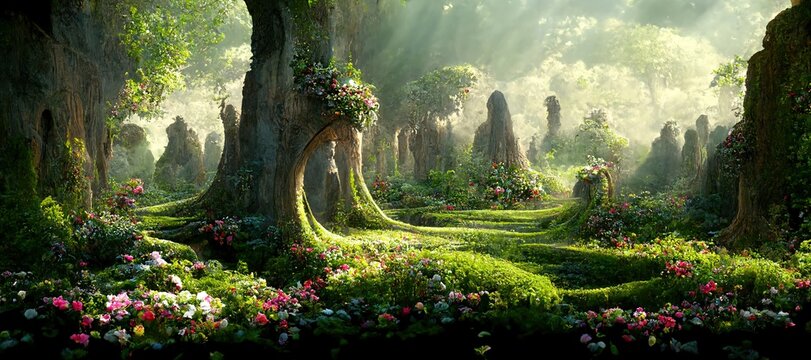 Unreal fantasy landscape with trees and flowers. Garden of Eden, exotic fairytale fantasy forest, Green oasis.  Sunlight, shadows, creepers and an arch. 3D illustration.