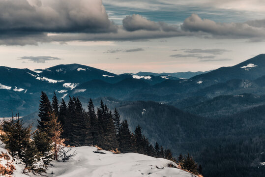 Landscape in the mountain: snow covers the wooded peaks. Filtered image:cross processed vintage effect.