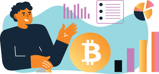 Vector Bitcoin banner in flat design style. Bitcoin, altcoin, cryptocurrency mining, finance, digital money market, crypto coin wallet, crypto exchange. Bitcoin cryptocurrency concept background.