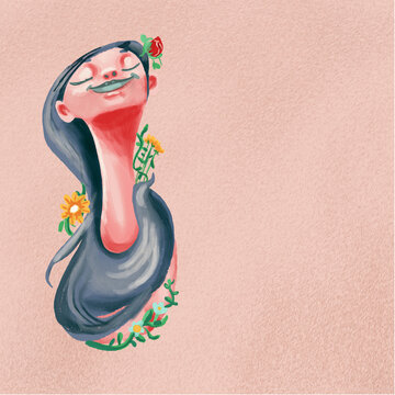 woman smile with flowers and long hair