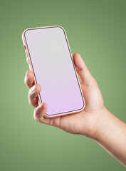 Modern smartphone in pink case with a screen template in the man's hand.