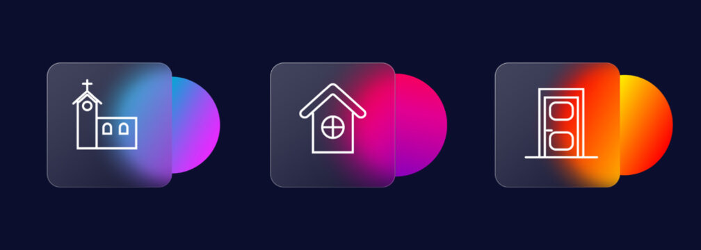 Construction site icons set. Home, work, doors, church, earnings, business. Building concept. Glassmorphism style. Vector line icon for business