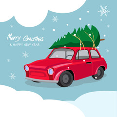 christmas tree on the roof of a red car.vector illustration in cartoon style.