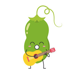 Green pea pod character cartoon plays the guitar sings cute smiling face cheerful kawaii joy happy emotions icon vector illustration.