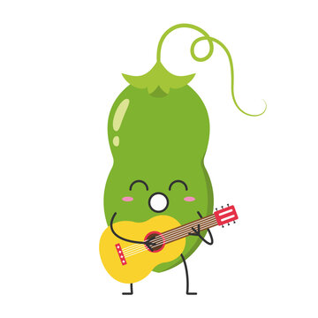 Green pea pod character cartoon plays the guitar sings cute smiling face cheerful kawaii joy happy emotions icon vector illustration.