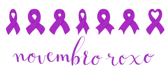 Fototapeta premium Novembro Roxo translation from portuguese November Purple, Brazil campaign for preterm infants support. Handwritten calligraphy and awareness ribbon vector