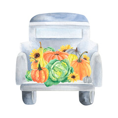 Watercolor harvest truck with vegetables. Pumpkins, cabbage, sunflowers. For garden party invites, autumn prints, Thanksgiving greeting cards, packaging, fall postcard, stationery, farmers market logo