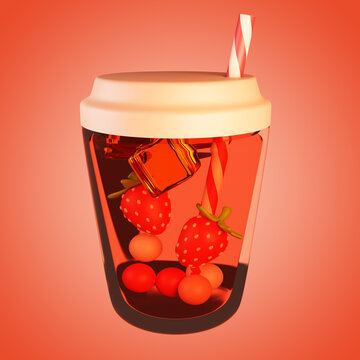 Strawberry juice with a straw 3D illusration