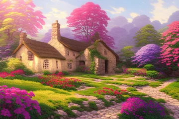 Poster A cozy stone village house on a grass field against blue sky with clouds. Rural beautiful landscape with flowers and trees. Bright sunny day. Digital painting illustration. © Irina