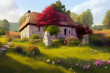 A cozy stone village house on a grass field against blue sky with clouds. Rural beautiful landscape with flowers and trees. Bright sunny day. Digital painting illustration.