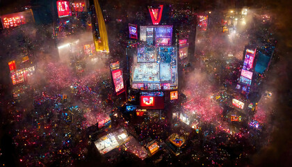 AI generated image of an aerial view of New York's Times Square on New year's eve with a large crowd gathered to usher in the new year - Powered by Adobe