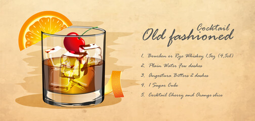 Menu Old fashioned alcoholic drink in a glass goblet with ice cherry and orange on a paper background and recipe divorce