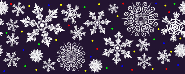 Snow blizzard of elegant snowflakes and multicolored lights of New Year's garlands. Christmas holiday banner for celebration decoration design.