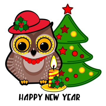 Cute elderly owl in a hat and beads sits by the Christmas tree with a Christmas candle. Christmas, New Year concept. Humorous cartoon vector illustration.