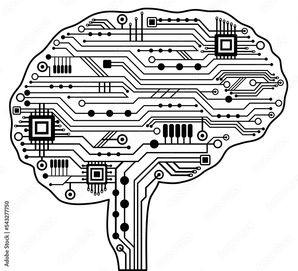 Poster Electronic digital circuit human brain. Artificial intelligence, cyber mind concept. Circuit board chips. Big data Cyberspace. Abstract lines template, vector design.