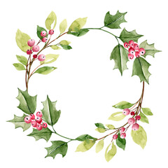 Christmas wreath. Watercolor illustration. Frame on white background. Hand painting winter holidays print.	