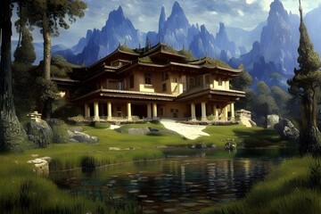 Fototapeta na wymiar Intricate house, castle, on beautiful landscape 3d illustration 3d render