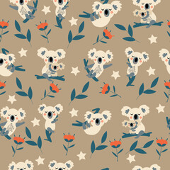 Seamless pattern with cute koala on a brawn background. Vector Illustration