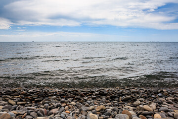 Rocky coast of the Black Sea on a cloudy day.