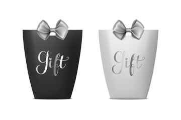 Vector 3d Realistic Black and White Paper Gift Bag, Box for Birthday or Party with Gray Silver Bow, Ribbon. Carry Bag for Present Icon Set Isolated on White Background