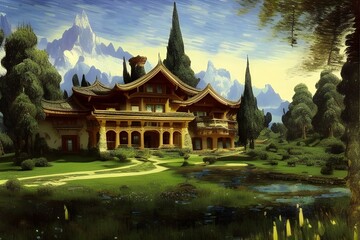 Obraz premium Intricate house, castle, on beautiful landscape 3d illustration 3d render