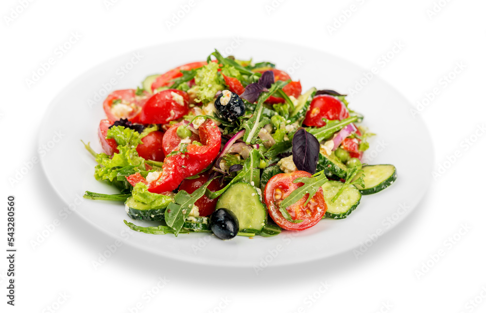 Poster Close-up photo of fresh salad with vegetables in white plate