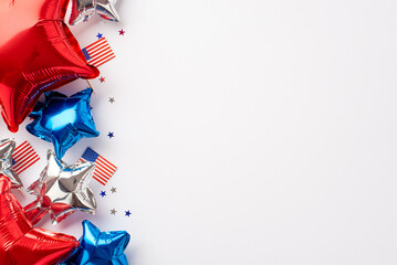 Forth of July celebration concept. Top view photo of red white blue balloons national flags and...