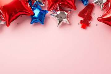 Forth of July celebration concept. Top view photo of star shaped balloons in national flag colors...