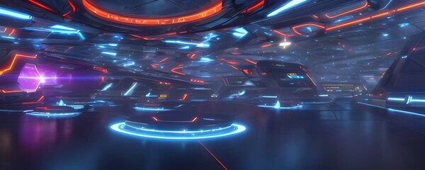 Empty cybersport arena with glowing blue and orange neon lights. Cyberpunk future concept. Futuristic scene. 3D render.