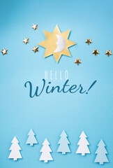 Sun, Moon, Golden Stars and Winter Forest Symbol on Blue Paper Background.