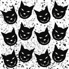 black cat, black cat's face,smile,eyes,nose,mouth,ears,animal,feline family,predators,black cat's head,cat smiles seamless background with cats