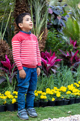 portrait of a cute egyptain child wearing red pull over enjoying the spring flowers 