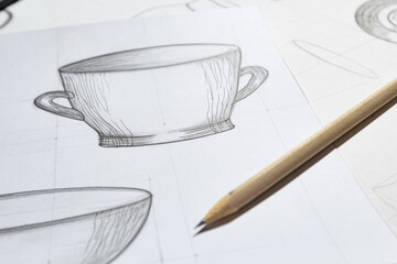 Tableware design sketches on paper. Drawings of dishes.