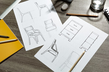Furniture designer's desk. Development, sketch of a chair and a chest of drawers.