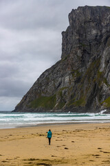 a girl walks alone on the famous kvalvika beach on the lofoten islands in norway; the famous beach surrounded by massive rugged mountains